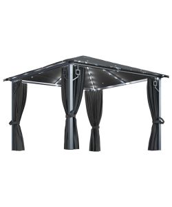 Gazebo con Tende e Luci LED 300x300 cm Antracite in Alluminio