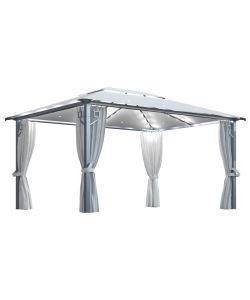 Gazebo con Tende Stringa di Luci LED 400x300 cm Crema Alluminio