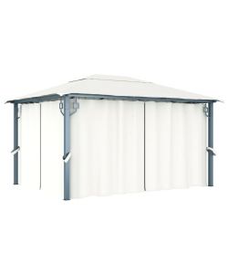 Gazebo con Tende Stringa di Luci LED 400x300 cm Crema Alluminio