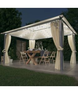 Gazebo con Tende Stringa di Luci LED 400x300 cm Crema Alluminio