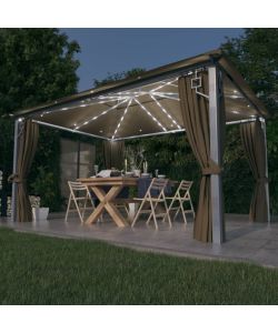Gazebo con Tende e Luci LED 400x300 cm Grigio Talpa Alluminio