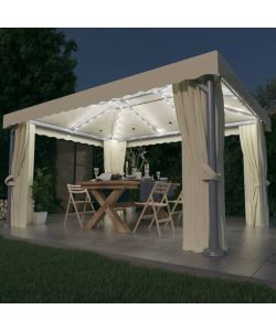 Gazebo con Tende e Stringa di Luci LED 4x3 m Bianco Crema