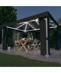 Gazebo con Tende e Stringa di Luci LED 4x3 m Antracite