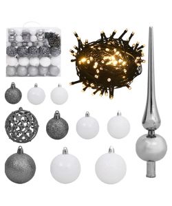 Set Natale con 120 Palline Punta e 300 Luci LED Bianco e Grigio