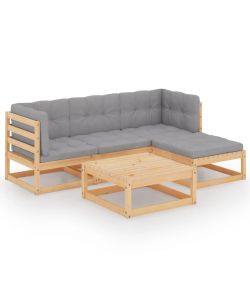 Set Divani da Giardino 5 pz con Cuscini Legno Massello di Pino