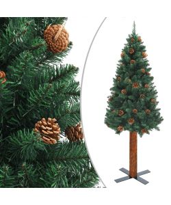Albero di Natale Sottile con LED Legno Vero Pigne Verde 180 cm