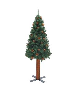 Albero di Natale Sottile con LED Legno Vero Pigne Verde 180 cm