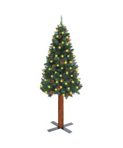 Albero di Natale Sottile con LED Legno Vero Pigne Verde 180 cm