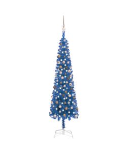 Set Albero di Natale Sottile con Luci LED e Palline Blu 210cm