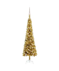 Set Albero di Natale Sottile con LED e Palline Oro 180 cm