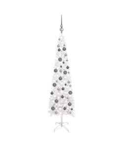 Set Albero Natale Sottile con Luci LED e Palline Bianco 120cm