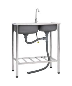 Lavello da Campeggio Vasca Doppia con Rubinetto in Acciaio Inox