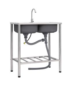 Lavello da Campeggio Vasca Doppia con Rubinetto in Acciaio Inox