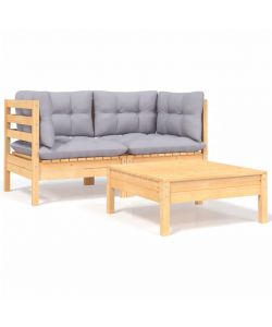 Set Divani da Giardino 3 pz con Cuscini Grigi Massello di Pino