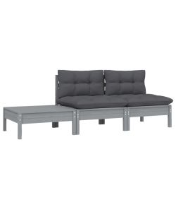 Set Divani da Giardino 3 pz Grigio Cuscini Massello di Pino