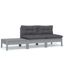 Set Divani da Giardino 3 pz Grigio Cuscini Massello di Pino