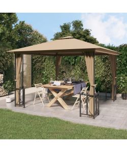 Gazebo con Teli Laterali e Doppio Tetto 3x3 m Tortora