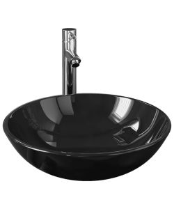 Lavandino Bagno con Rubinetto e Piletta in Vetro Temperato Nero