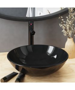 Lavandino Bagno con Rubinetto e Piletta in Vetro Temperato Nero