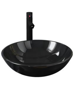 Lavandino Bagno con Rubinetto e Piletta in Vetro Temperato Nero