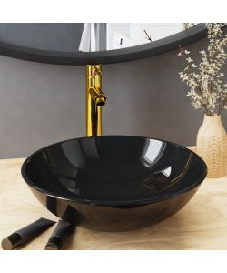 Lavandino Bagno con Rubinetto e Piletta in Vetro Temperato Nero