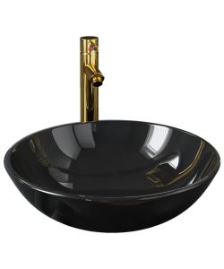 Lavandino Bagno con Rubinetto e Piletta in Vetro Temperato Nero