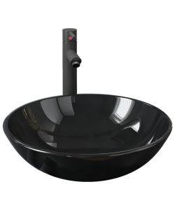 Lavandino Bagno con Rubinetto e Piletta in Vetro Temperato Nero