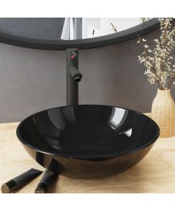 Lavandino Bagno con Rubinetto e Piletta in Vetro Temperato Nero