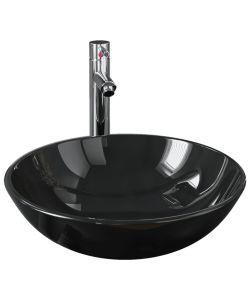 Lavandino Bagno con Rubinetto e Piletta in Vetro Temperato Nero