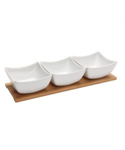 Set Vassoio in Bamboo 30x10 cm con 3 Ciotole di Porcellana Bianche