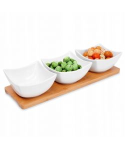 Set Vassoio in Bamboo 30x10 cm con 3 Ciotole di Porcellana Bianche