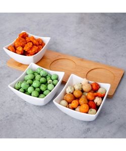 Set Vassoio in Bamboo 30x10 cm con 3 Ciotole di Porcellana Bianche