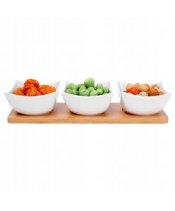 Set Vassoio in Bamboo 30x10 cm con 3 Ciotole di Porcellana Bianche