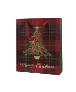 Busta regalo tartan e decoro albero 32h cm