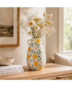 Kaemingk Vaso Porcellana Bianco 16x27 cm Decorativo Margherite con Manici