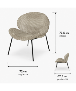 Sedia Relax Crema 72x67,5xH73,5 cm Imbottita Velluto Moderno Metallo