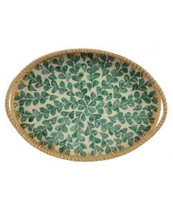 Vassoio Ovale Rattan con Manici 36x24x4 cm - Decoro Foglie Verdi