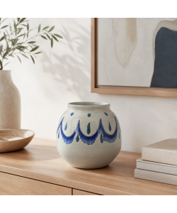 Kaemingk Vaso decorativo in terracotta bianco 19xH18 cm con decoro blu
