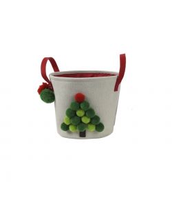 Decoris Basket Beige - Cesta Rotonda con Pompon - 25x20,5 cm