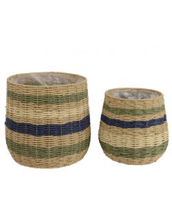 Cesta Rotonda in Corda Intrecciata Grande 33x30 cm Righe Verde Blu