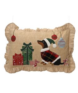 Cuscino Natalizio Bassotto Beige 50x30 cm in Cotone con Ricamo e Volant