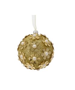 Decoris Pallina di Natale Oro Glitter 8 cm con Fiori di Perle