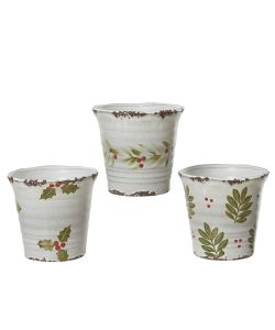 Vaso Bianco in Terracotta Decorato con Foglie di Agrifoglio 14x13,5 cm