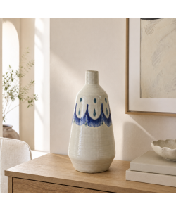 Kaemingk Vaso in Terracotta Bianco con Decoro Blu 16xH33 cm Decorativo