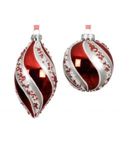 Decoris Pallina di Vetro Natalizia - Argento e Rosso con Perline - 8cm