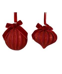 Decoris Pallina Natale Vetro Glitter Rosso 8 cm con Fiocco Velluto