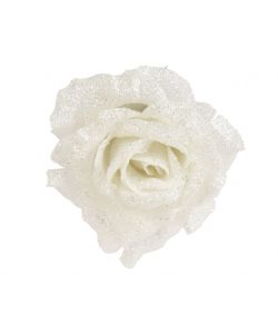 Clip rosa bianca - Fiore rosa in poliestere con glitter - d.12cm h.7.5cm