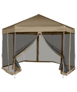 Tendone Esagono Pop-Up Pareti Laterali 3,6x3,1m Tortora 220g/mq
