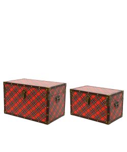 Kaemingk Baule Portaoggetti Tartan Rosso 40x25x25 cm Stile Vintage