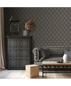 DUTCH WALLCOVERINGS Carta da Parati Design Esagonale Nero e Oro